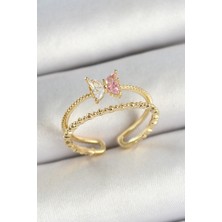 Shopwave Pirinç Kelebek Figürlü Zirkon Taşlı Gold Renk Ayarlanabilir Kadın Yüzük