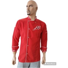 Kırmızıya Beyaz Biye ve Nakışlı Aşçı Ceketi