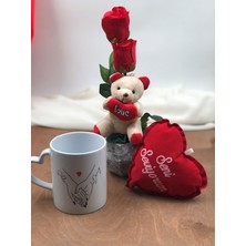 Masalsı Concept Sevgililer Günü Hediyesi Özel Desen ve Isim Baskılı Kupa Saksıda Yapay Gül Peluş Ayıcıklı ve Yastıklı