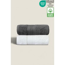 Ellaline 2'li Havlu Seti %100 Pamuk Sertifikalı, El / Yüz / Mutfak Havlusu Takımı Antrasit - Beyaz - 50X80CM