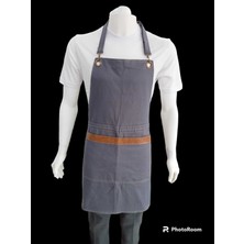 Koyu Gri Cep ve Deri Detaylı Boydan Önlük