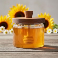 Delixa Akasya Ağacı Kapaklı Borosilikat Cam Bal Kavanozu ve Bal Kaşığı| Modern Kahvaltılık Saklama Kabı | B