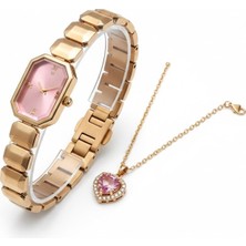 Masalsı Concept Kadın Kol Saati ve Kalp Taşlı Kolye Seti | Pembe Kadran Altın Renk Şık Kombin Sevgiliye Hediye Saattir