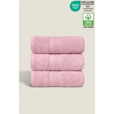 Ellaline 3'lü Havlu Seti %100 Pamuk Sertifikalı Elmas Desen Bordür Pembe El / Yüz Havlusu Takımı 50X80CM