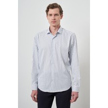 Morven  Erkek A-Beyaz Trend Çizgili Slim Fit Italyan Yaka Gömlek