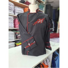 Siyah Kırmızı Biye ve Nakışlı Aşçı Ceketi