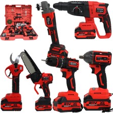 Prohummer ST777 Profesyonel Akülü Kırmızı Süper 6lı Set Makina 21V 3AH 125MM Avuç Taşlama, Sds Plus Kırıcı Delici, Somun Sıkma Sökme, Vidalama Matkap, Budama Testere, Budama Makası