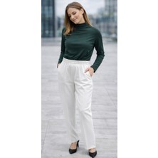 Kadın Beli Lastikli  Cepli Beyaz Pantolon