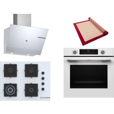 Bosch Beyaz 3 Lü Ankastre Set 545 ( HUA717BV0T - POH7C2P31O - DWK67PJ20T  ) 67CM Wok Bek Ocak - Buhar Destekli Fırın - Pişirme Matı ile