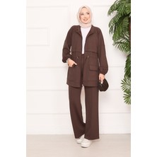 Md Beli Ayarlanabilir Cep Detaylı Tesettür İkili Takım Kahve