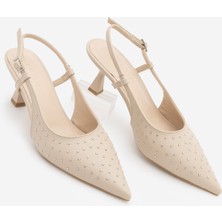 Marjin Kadın Stiletto Sivri Burun Arkası Açık Zımba Detaylı Topuklu Ayakkabı Timon Bej