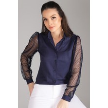 Sweetness Kadın Lacivert Tül Kollu Uzun Kol  Gömlek
