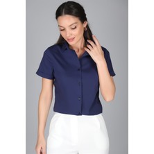SWEETNESS Kadın Lacivert Kısa Kollu Pamuklu Likralı Gömlek