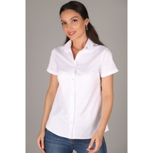 SWEETNESS Kadın Beyaz Kısa Kollu Likralı Pamuklu Klasik Gömlek