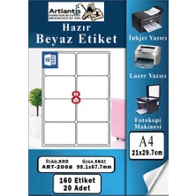 Artlantis A4 8 Li Hazır Etiket 99.1X67.7 mm 20 Sayfa 1 Paket Kendinden Yapışkanlı Fotokopi Lazer Inkjet Kağıdı Yazıcılar Için Uyum