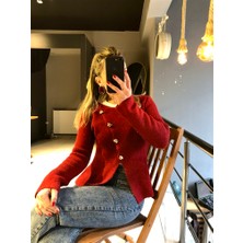Gözde Tasarım Butik Kadın Koyu Kırmızı Bordo Renk Kayık Yakalı Asimetrik Kesim Düğmeli Hırka
