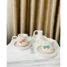 2'li Kurdele Kabartmalı Seramik El Yapımı Kahve Fincan Takımı