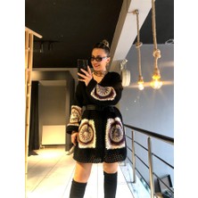 Gözde Tasarım Butik Kadın Siyah Renk El Yapımı Tığişi Etnik Motifli Örgü Midi Boy Hırka