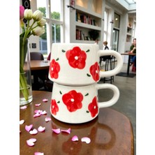 BB Design El Yapımı 2'li Kırmızı Çiçek Desenli Seramik Kupa Bardak 200 ml