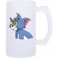 Sartre Art Tom ve Jerry Gözleri Kürdanlı Tom Esprili Motto Baskılı Bira Bardağı 500 ml - Büyük Boy Kulplu Cam Kupa