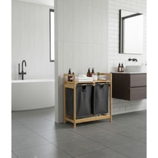 Crealisol %100 Doğal Bambu 2 Bölmeli Kirli Çamaşır Sepeti ve Banyo Düzenleyici Raf