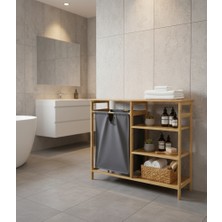 Crealisol %100 Doğal Bambu 3 Raflı Yan Üniteli Kirli Çamaşır Sepeti ve Banyo Dolabı