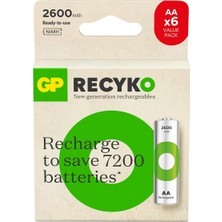 Delixa Gp Batteries Recyko 2600MAH Aa Kalem Ni-Mh Şarjlı Pil, 1.2 Volt, 6'lı Kart