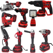 Prohummer PH325 Yeni Nesil Kırmızı 9lu Şarjlı Vidalama Matkap Seti 21V 4AH (Kırıcı Delici, Somun Sıkma, Vidalama, Dal Budama Makası, LED Işık, Avuç Taşlama, Dekupaj, Sunta Kesme, Dal Testeresi)