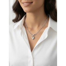 Nurora Çelik Kristal Taşlı Gümüş Kalp Zincir Kolye