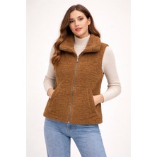 Pengora Welsoft Kuzu Desen Peluş Kadın Yelek Astarlı Çift Cepli Rahat Kalıp