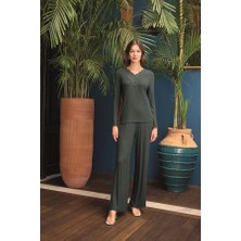 MOTTO10 Butik Uzun Kollu Önü Düğmeli V Yaka Pijama Takımı
