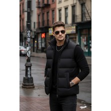 Pengora Erkek Siyah Şişme Yelek Regular Fit Dik Yaka Fermuarlı Astarlı Su ve Rüzgar Geçirmez