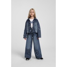 Escabel Kız Çocuk Kalp Işlemeli Denim Pantolon 4-9 Yaş Mavi