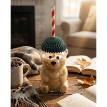 Ayıcık Figürlü Cam Soğuk Içecek Bardağı 500 ml | Kapaklı Pipetli Bearista Teddy Bear Cam Bardak, Soğuk Kahve ve Meşrubat Bardağı