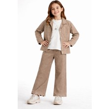 İrem Çocuk Giyim Kız Çocuk Taş ve Nakış Detaylı Gabardin Kumaş Ceket Pantolon Sweatshirt Açık Kahve Renk Üçlü Takım