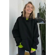 Madmext Koyu Siyah Kapüşonlu Şardonlu Oversize Sweatshirt MG1566