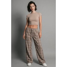 Madmext Bej Lastikli Bel Geniş Paça Ekose Pantolon MG2658