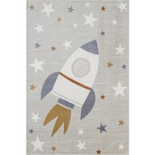 Karmen Halı Icon Kids IC013R Gri Renk Akrilik Roket Ve Yıldız Desenli Çocuk Odası Halısı