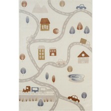 Karmen Halı Icon Kids IC012R Krem Renk Akrilik Trafik Yolu Desenli Çocuk Odası Halısı