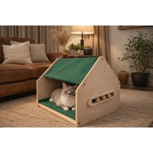MeoWood Ahşap Kedi Evi –Renkli Kumaş - Modern İç Mekan Kedi Yuvası -