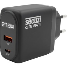 Secuzi 65W Hızlı Şarj Adaptörü / Type-C - Usb-A Çift Port /  Dijital Ekran / Devre Koruması