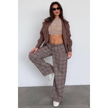 Madmext Kahverengi Lastikli Bel Geniş Paça Ekose Pantolon MG2658