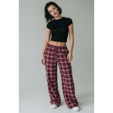Madmext Bordo Lastikli Bel Geniş Paça Ekose Pantolon MG2658