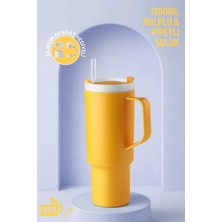 Ny Home Büyük Boy, Kulplu ve Pipetli 1200ML. Suluk & Matara - Silikon Aparat Hediyeli Sarı