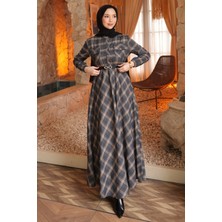 İmaj Butik Antrasit Kemerli Ekose Desenli Düğmeli Elbise