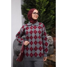 İmaj Butik Füme Polo Yaka Baklava Desenli Triko Kazak