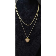 KirLinova Kalp Figürlü Gold Renk Çift Zincir Kolye -Altın