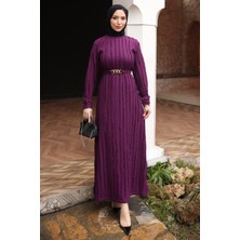 İmaj Butik Mor Zincir Kemerli Fırfırlı Gofre Elbise