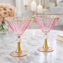 Hubart Regalia 2’li Set Lüks Gold Ayaklı Pembe Renkli Cam Tatlı, Dondurma & Kokteyl Sunum Kadehi
