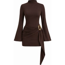 Mycparl Kadın Dik Yaka Toka Detaylı Kuşaklı Toparlayıcı Kalıp Mini Tasarım Elbise